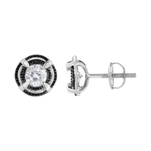将图片加载到图库查看器,Black Rhodium Plated .925 Sterling Silver Round 1-1/2 cttw Diamond Double Halo 4-Prong Solitaire Milgrain Stud Earrings (H-I Color, I2-I3 Clarity)