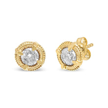 Load image into Gallery viewer, 14K Yellow Gold Plated .925 Sterling Silver 1.0 Cttw Round Brilliant Cut Diamond Solitaire Milgrain Stud Earrings (K-L Color, I2-I3 Clarity)