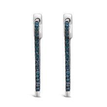 将图片加载到图库查看器,.925 Sterling Silver 1/3 Cttw Inside Out Blue Treated Diamond 1MM Wide Hoop Earrings (Blue Color, I2-I3 Clarity)