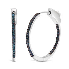 将图片加载到图库查看器,.925 Sterling Silver 1/3 Cttw Inside Out Blue Treated Diamond 1MM Wide Hoop Earrings (Blue Color, I2-I3 Clarity)