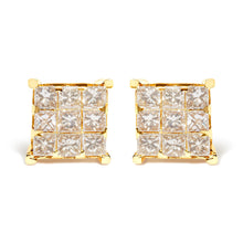 将图片加载到图库查看器,14K Yellow Gold 1 1/2 Cttw Invisible Set Princess-Cut Diamond 9 Stone Square Stud Earrings (J-K Color, SI2-I1 Clarity)