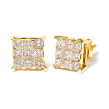 将图片加载到图库查看器,14K Yellow Gold 1 1/2 Cttw Invisible Set Princess-Cut Diamond 9 Stone Square Stud Earrings (J-K Color, SI2-I1 Clarity)