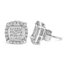 Load image into Gallery viewer, Sterling Silver 1/2 Cttw Princess Cut Diamond Composite and Halo Stud Earrings