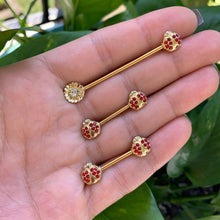 Load image into Gallery viewer, 14G Red Gem Gold Tone Ladybug Flower Industrial Barbell 38mm