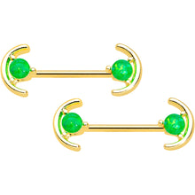 将图片加载到图库查看器,14G 9/16 Green Faux Opal Gold Tone Curve Barbell Nipple Ring Set