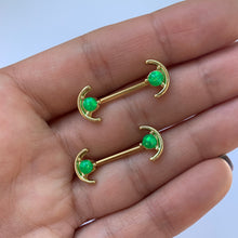 将图片加载到图库查看器,14G 9/16 Green Faux Opal Gold Tone Curve Barbell Nipple Ring Set