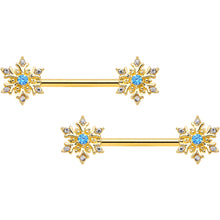 Load image into Gallery viewer, 14G 9/16 Blue CZ Gem Gold Tone Snowflake Barbell Nipple Ring Set