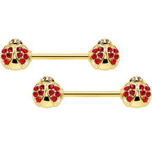 Load image into Gallery viewer, 14G 9/16 Clear Red Gem Gold Tone Ladybug Barbell Nipple Ring Set