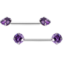 Load image into Gallery viewer, 14G 9/16 Purple CZ Gem Threadless Barbell Nipple Ring Set