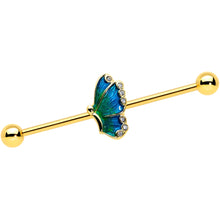 Load image into Gallery viewer, 14G Gold Tone Ombre Blue Butterfly Industrial Barbell 38mm