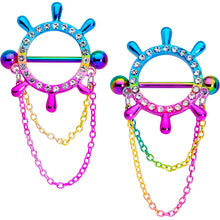 Load image into Gallery viewer, 14G 9/16 Clear Gem Rainbow Ships Wheel Chain Dangle Nipple Shield Set