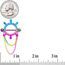 Load image into Gallery viewer, 14G 9/16 Clear Gem Rainbow Ships Wheel Chain Dangle Nipple Shield Set