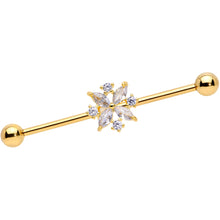 将图片加载到图库查看器,14G Clear CZ Gem Gold Tone Star Burst Industrial Barbell 38mm