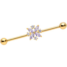 Load image into Gallery viewer, 14G Purple CZ Gem Gold Tone Star Burst Industrial Barbell 38mm