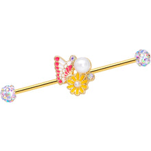 将图片加载到图库查看器,14G Aurora Gem Gold Tone Butterfly Flower Industrial Barbell 38mm