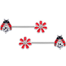 Load image into Gallery viewer, 14G 9/16 Clear Gem Red Ladybug Flower Barbell Nipple Ring Set
