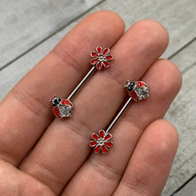 Load image into Gallery viewer, 14G 9/16 Clear Gem Red Ladybug Flower Barbell Nipple Ring Set