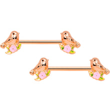 Load image into Gallery viewer, 14G 9/16 Rose Gold Tone Bird Pink Flower Barbell Nipple Ring Set