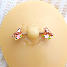 Load image into Gallery viewer, 14G 9/16 Rose Gold Tone Bird Pink Flower Barbell Nipple Ring Set