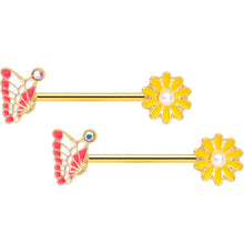 Load image into Gallery viewer, 14G 5/8 Aurora Gem Gold Tone Butterfly Flower Barbell Nipple Ring Set