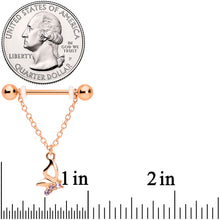 Load image into Gallery viewer, 14G 5/8 Purple Gem Rose Gold Hue Butterfly Dangle Nipple Ring Set