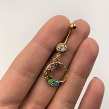 将图片加载到图库查看器,Rainbow Gem Gold Tone Crescent Moon Dangle Belly Ring