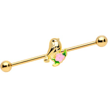 Load image into Gallery viewer, 14G Gold Tone Bird Pink Flower Industrial Barbell 38mm