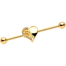 Load image into Gallery viewer, 14G Clear Gem Gold Tone Angel Wing Heart Industrial Barbell 38mm