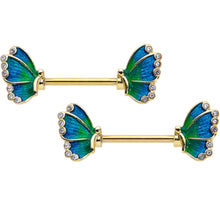 Load image into Gallery viewer, 14G 9/16 Clear Gem Gold Tone Blues Butterfly Nipple Ring Set