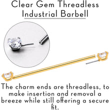 Load image into Gallery viewer, 14G Clear CZ Gem Gold Tone Threadless Industrial Barbell 38mm