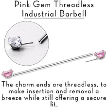 将图片加载到图库查看器,14G Pink CZ Gem Threadless Industrial Barbell 38mm