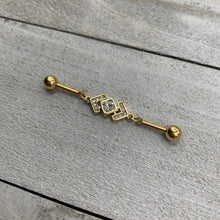 Load image into Gallery viewer, 14G Clear Gem Gold Tone Geometric Dangle Industrial Barbell 38mm