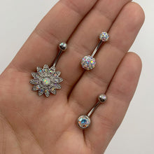 Load image into Gallery viewer, Aurora Gem Flower Disco Ball Belly Ring Set of 3