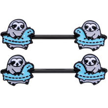 Load image into Gallery viewer, 14G 9/16 Black Swimming Sloth Barbell Nipple Ring Set