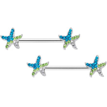 Load image into Gallery viewer, 14G 9/16 Blue Green Gem Glam Starfish Barbell Nipple Ring Set