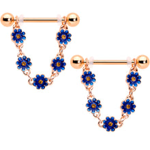 Load image into Gallery viewer, 14G 9/16 Yellow Gem Rose Gold Tone Blue Flower Dangle Nipple Set