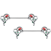 Load image into Gallery viewer, 14G 5/8 Open Heart Rose Valentines Barbell Nipple Ring Set