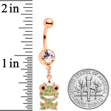 Load image into Gallery viewer, Clear Green Gem Rose Gold Tone Royal Frog Dangle Belly Ring