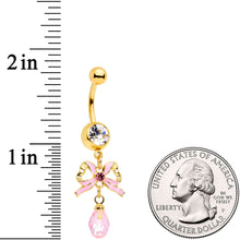 Load image into Gallery viewer, Clear Pink Gem Gold Tone Pink Bow Dangle Belly Ring