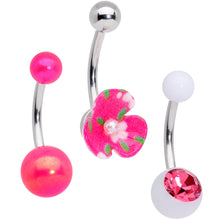 Load image into Gallery viewer, Pink Gem White Pink Flower Pearlescent Belly Ring Set of 3