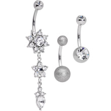 Load image into Gallery viewer, Clear Gem Flower Sandblasted Dangle Belly Ring Set of 3