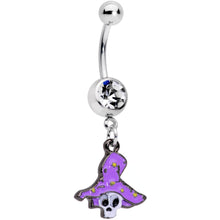 Load image into Gallery viewer, Clear Gem Skull Purple Witch Hat Halloween Dangle Belly Ring