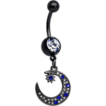 Load image into Gallery viewer, Blue Clear Gem Black Star Crescent Moon Dangle Belly Ring Set of 2