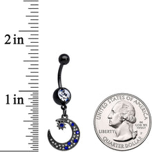 Load image into Gallery viewer, Blue Clear Gem Black Star Crescent Moon Dangle Belly Ring Set of 2