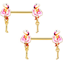 Load image into Gallery viewer, 14G 9/16 Gold Tone Pink Flamingo Dangle Barbell Nipple Ring Set