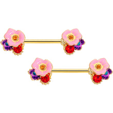Load image into Gallery viewer, 14G 9/16 Red Pink Gem Gold Tone Multi Flower Nipple Ring Set