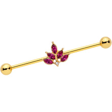 Load image into Gallery viewer, 14G Dark Red Gem Gold Tone Autumn Leaves Industrial Barbell 38mm