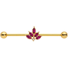 Load image into Gallery viewer, 14G Dark Red Gem Gold Tone Autumn Leaves Industrial Barbell 38mm