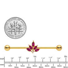 Load image into Gallery viewer, 14G Dark Red Gem Gold Tone Autumn Leaves Industrial Barbell 38mm