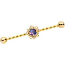 Load image into Gallery viewer, 14G Purple Tourmaline Gold Tone Filigree Industrial Barbell 38mm